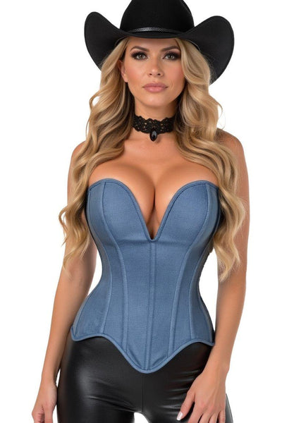 Top Drawer Steel Boned Blue Denim Plunge Neckline Overbust Corset - Daisy Corsets