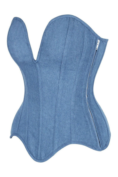 Top Drawer Steel Boned Blue Denim Plunge Neckline Overbust Corset - Daisy Corsets