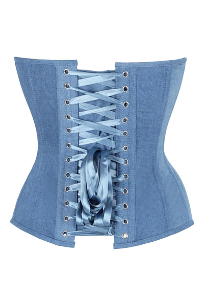 Top Drawer Steel Boned Blue Denim Plunge Neckline Overbust Corset - Daisy Corsets