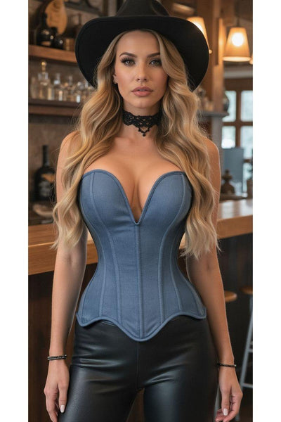 Top Drawer Steel Boned Blue Denim Plunge Neckline Overbust Corset - Daisy Corsets