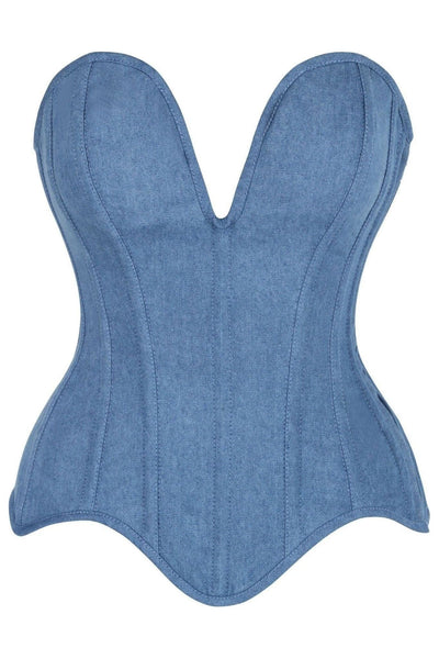 Top Drawer Steel Boned Blue Denim Plunge Neckline Overbust Corset - Daisy Corsets