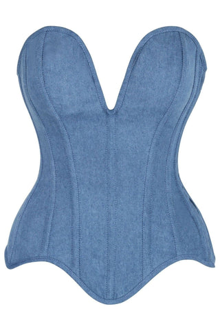 Top Drawer Steel Boned Blue Denim Plunge Neckline Overbust Corset - Daisy Corsets