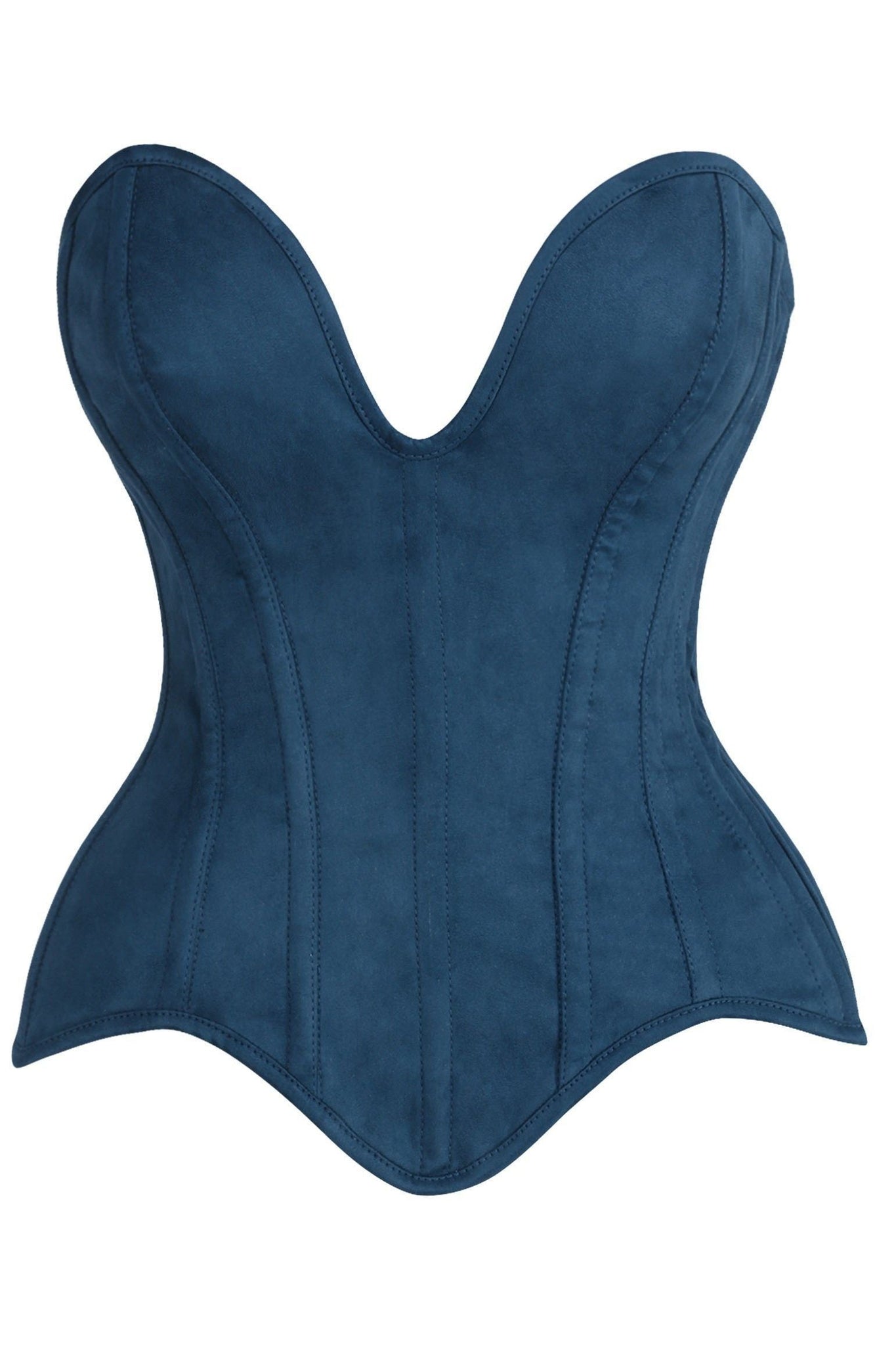 Top Drawer Steel Boned Blue Suede Deep Plunge Overbust Corset Top - Daisy Corsets