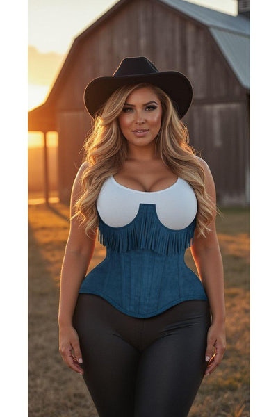 Top Drawer Steel Boned Blue Suede Underwire Underbust Corset Cincher w/Fringe - Daisy Corsets