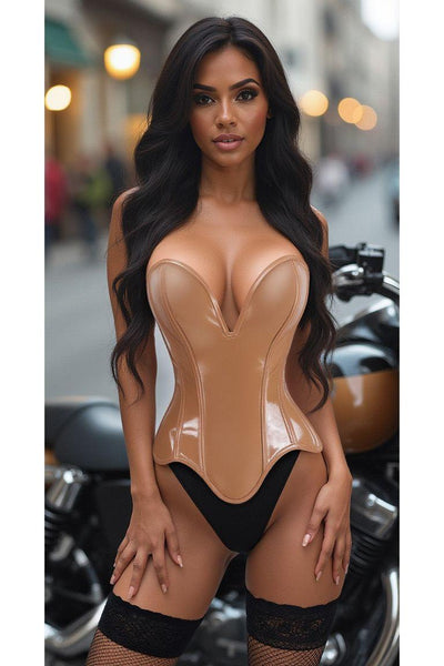 Top Drawer Steel Boned Caramel Patent Plunge Neckline Overbust Corset - Daisy Corsets