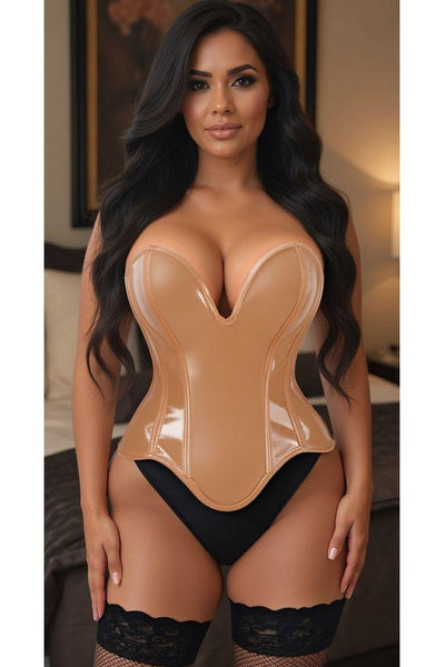 Top Drawer Steel Boned Caramel Patent Plunge Neckline Overbust Corset - Daisy Corsets