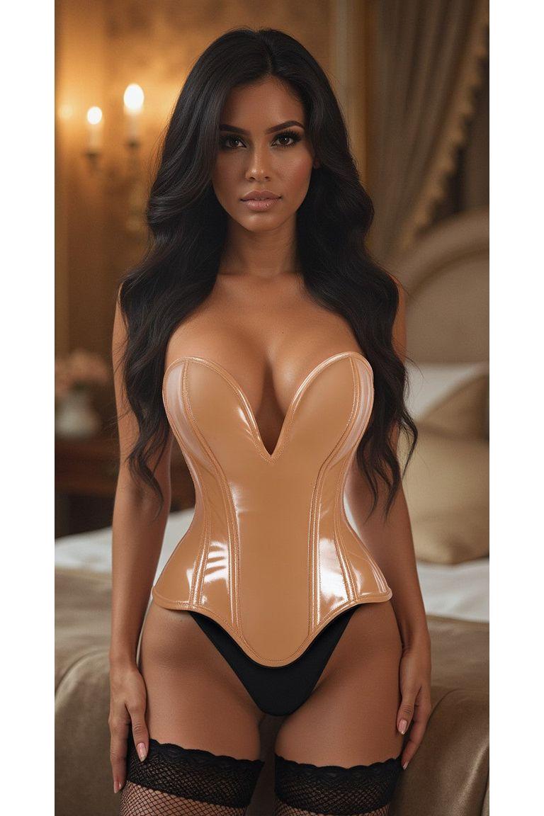 Top Drawer Steel Boned Caramel Patent Plunge Neckline Overbust Corset - Daisy Corsets