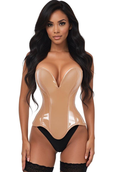 Top Drawer Steel Boned Caramel Patent Plunge Neckline Overbust Corset - Daisy Corsets