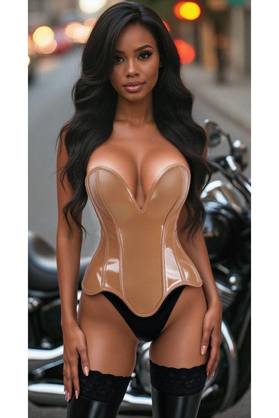 Top Drawer Steel Boned Caramel Patent Plunge Neckline Overbust Corset - Daisy Corsets