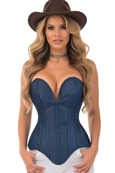 Top Drawer Steel Boned Dark Blue Denim Plunge Neckline Overbust Corset - Daisy Corsets