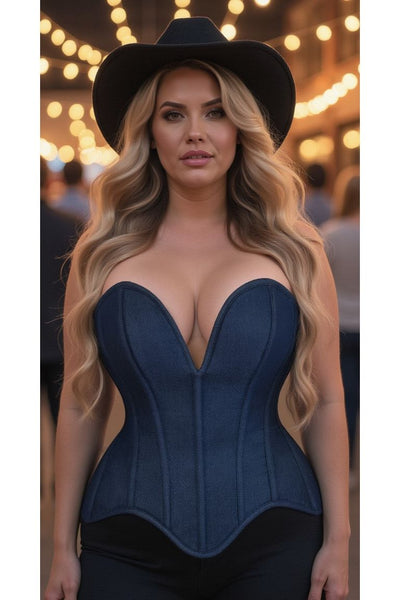 Top Drawer Steel Boned Dark Blue Denim Plunge Neckline Overbust Corset - Daisy Corsets