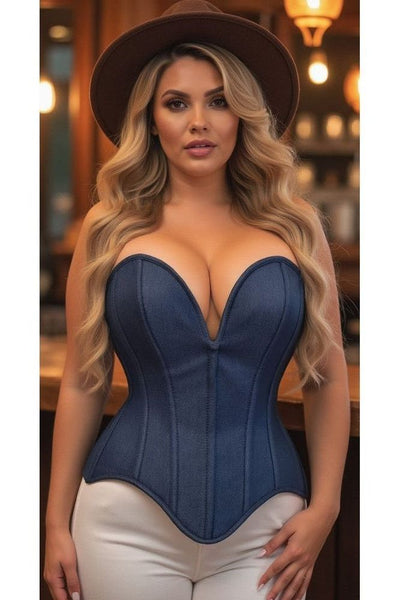 Top Drawer Steel Boned Dark Blue Denim Plunge Neckline Overbust Corset - Daisy Corsets