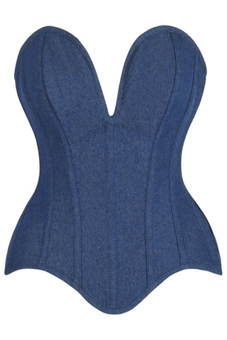 Top Drawer Steel Boned Dark Blue Denim Plunge Neckline Overbust Corset - Daisy Corsets