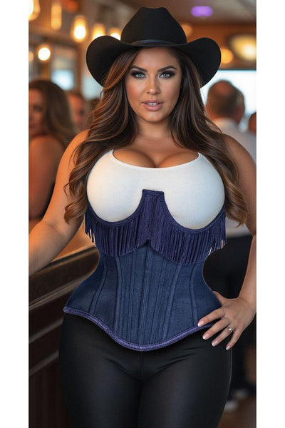 Top Drawer Steel Boned Dark Blue Denim Underwire Underbust Corset Cincher w/Fringe - Daisy Corsets