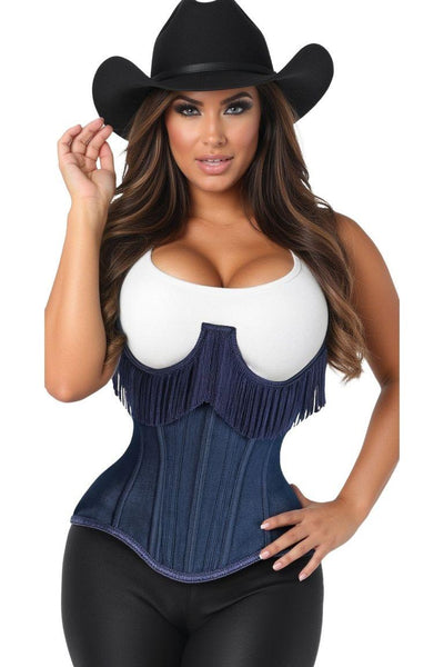 Top Drawer Steel Boned Dark Blue Denim Underwire Underbust Corset Cincher w/Fringe - Daisy Corsets