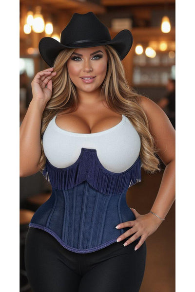 Top Drawer Steel Boned Dark Blue Denim Underwire Underbust Corset Cincher w/Fringe - Daisy Corsets
