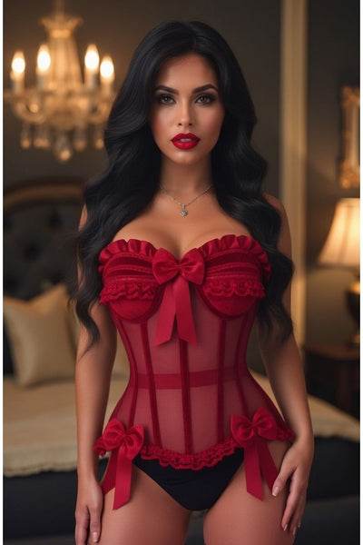 Top Drawer Steel Boned Dark Red Mesh & Velvet Underwire Bustier Corset - Daisy Corsets