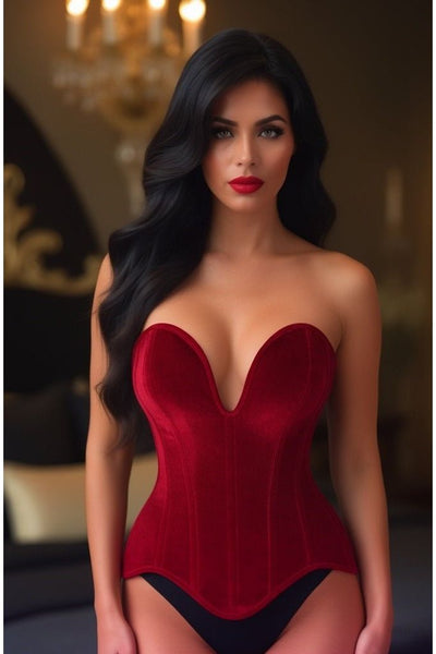 Top Drawer Steel Boned Dark Red Velvet Plunge Neckline Overbust Corset - Daisy Corsets