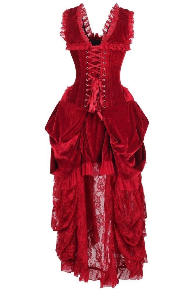 Daisy Corsets Top Drawer Steel Boned Dark Red Velvet Victorian Bustle