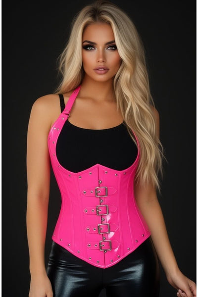 Top Drawer Steel Boned Hot Pink Patent PVC Vinyl Underbust Corset Top - Daisy Corsets