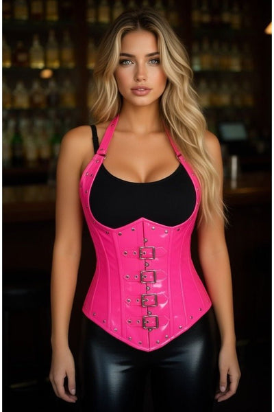 Top Drawer Steel Boned Hot Pink Patent PVC Vinyl Underbust Corset Top - Daisy Corsets