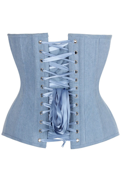 Top Drawer Steel Boned Light Blue Denim Plunge Neckline Overbust Corset - Daisy Corsets