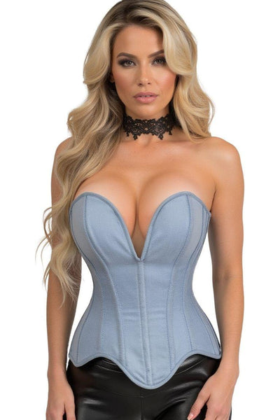 Top Drawer Steel Boned Light Blue Denim Plunge Neckline Overbust Corset - Daisy Corsets