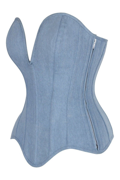 Top Drawer Steel Boned Light Blue Denim Plunge Neckline Overbust Corset - Daisy Corsets