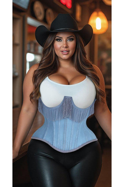 Top Drawer Steel Boned Light Blue Denim Underwire Underbust Corset Cincher w/Fringe - Daisy Corsets