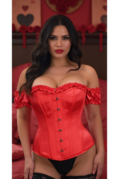Top Drawer Steel Boned Red Satin Overbust Corset w/Sleeves - Daisy Corsets