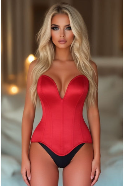 Top Drawer Steel Boned Red Satin Plunge Neckline Overbust Corset - Daisy Corsets