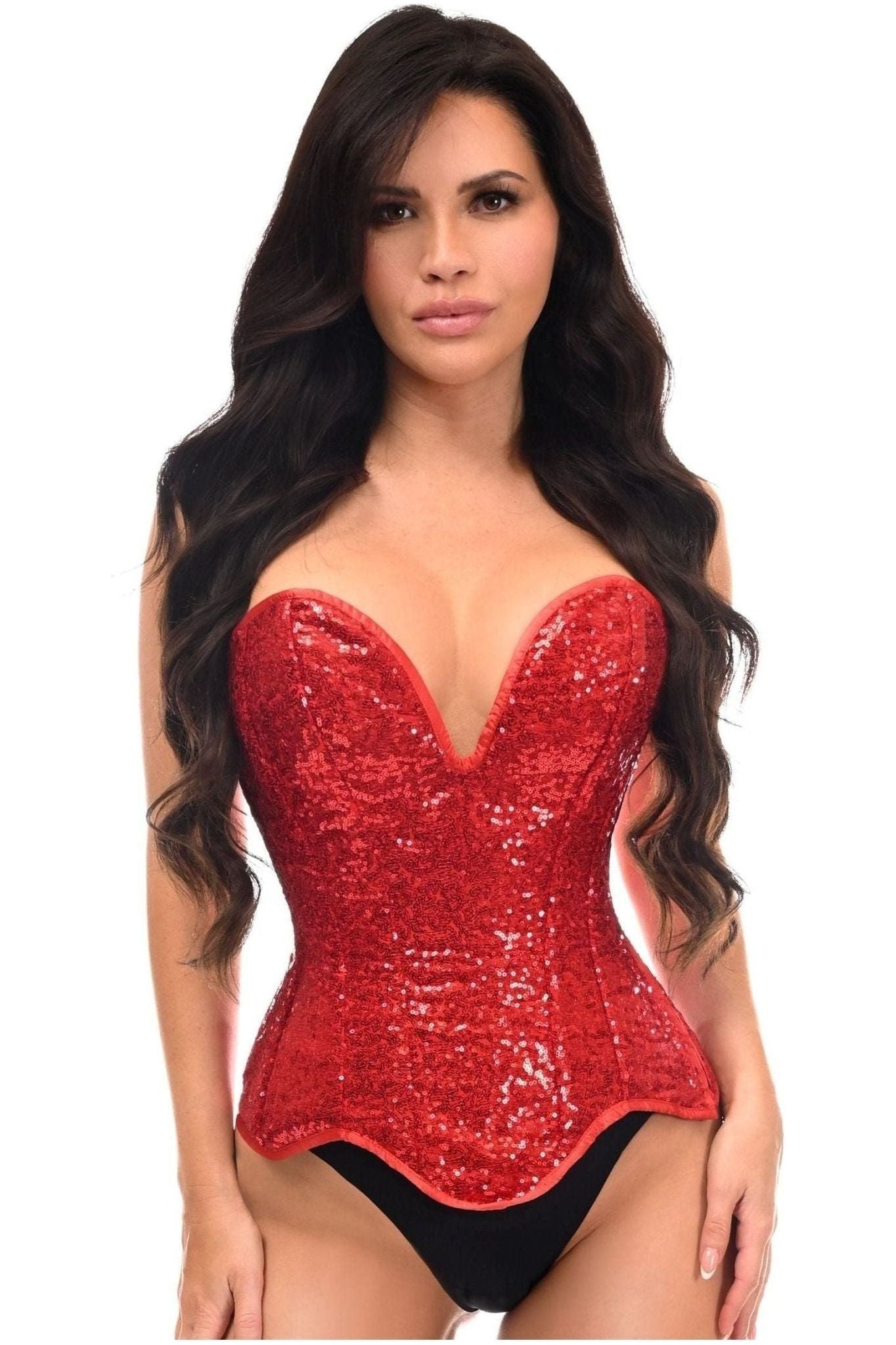Top Drawer Steel Boned Red Sequin Plunge Neckline Overbust Corset - Daisy Corsets