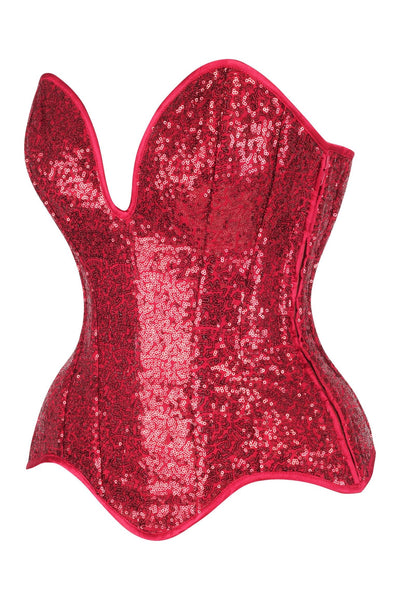 Top Drawer Steel Boned Red Sequin Plunge Neckline Overbust Corset - Daisy Corsets