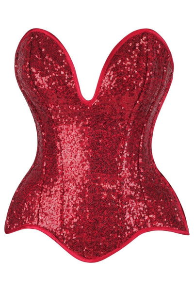 Top Drawer Steel Boned Red Sequin Plunge Neckline Overbust Corset - Daisy Corsets