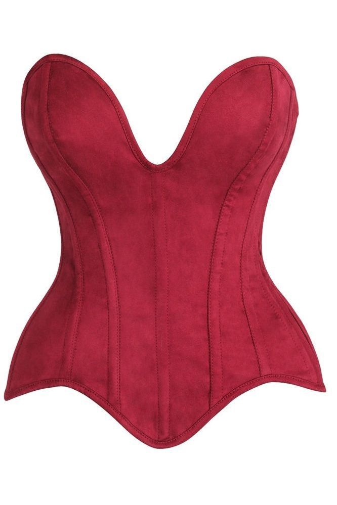 Top Drawer Steel Boned Red Suede Deep Plunge Overbust Corset Top - Daisy Corsets
