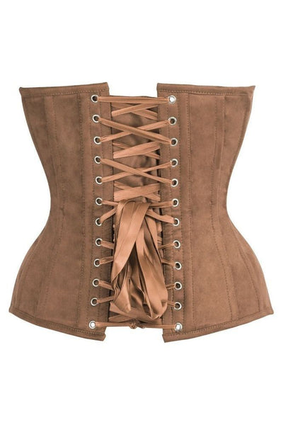 Top Drawer Steel Boned Tan Suede Deep Plunge Overbust Corset Top - Daisy Corsets