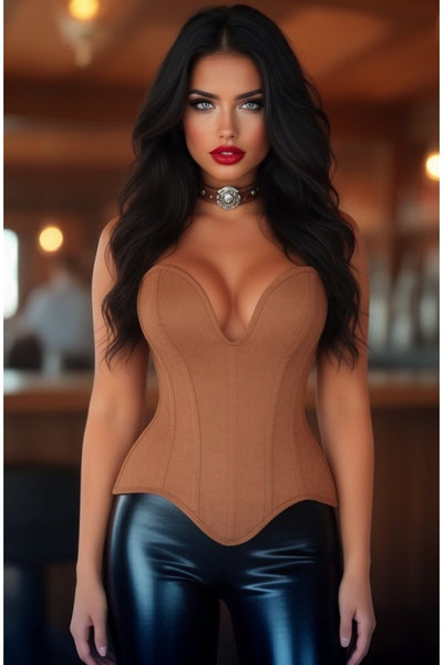 Top Drawer Steel Boned Tan Suede Deep Plunge Overbust Corset Top - Daisy Corsets