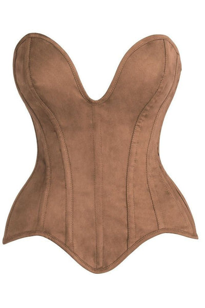 Top Drawer Steel Boned Tan Suede Deep Plunge Overbust Corset Top - Daisy Corsets