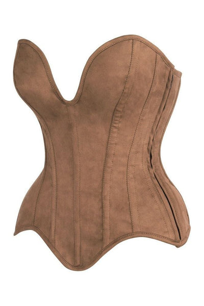 Top Drawer Steel Boned Tan Suede Deep Plunge Overbust Corset Top - Daisy Corsets