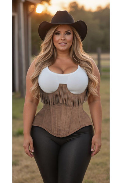 Top Drawer Steel Boned Tan Suede Underwire Underbust Corset Cincher w/Fringe - Daisy Corsets