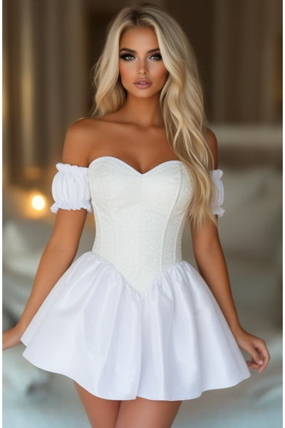 Top Drawer Steel Boned White Brocade & Taffeta Corset Dress - Daisy Corsets