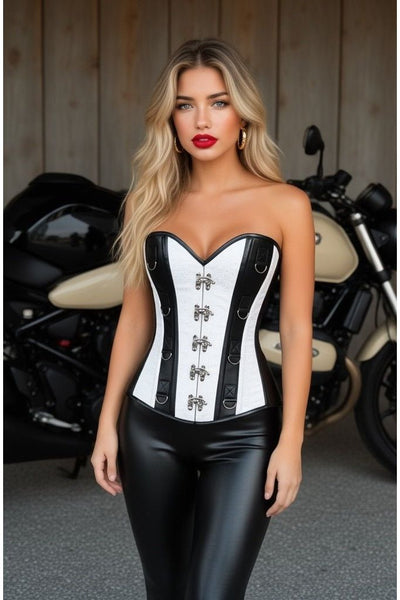 Top Drawer White Brocade & Faux Leather Steel Boned Corset - Daisy Corsets