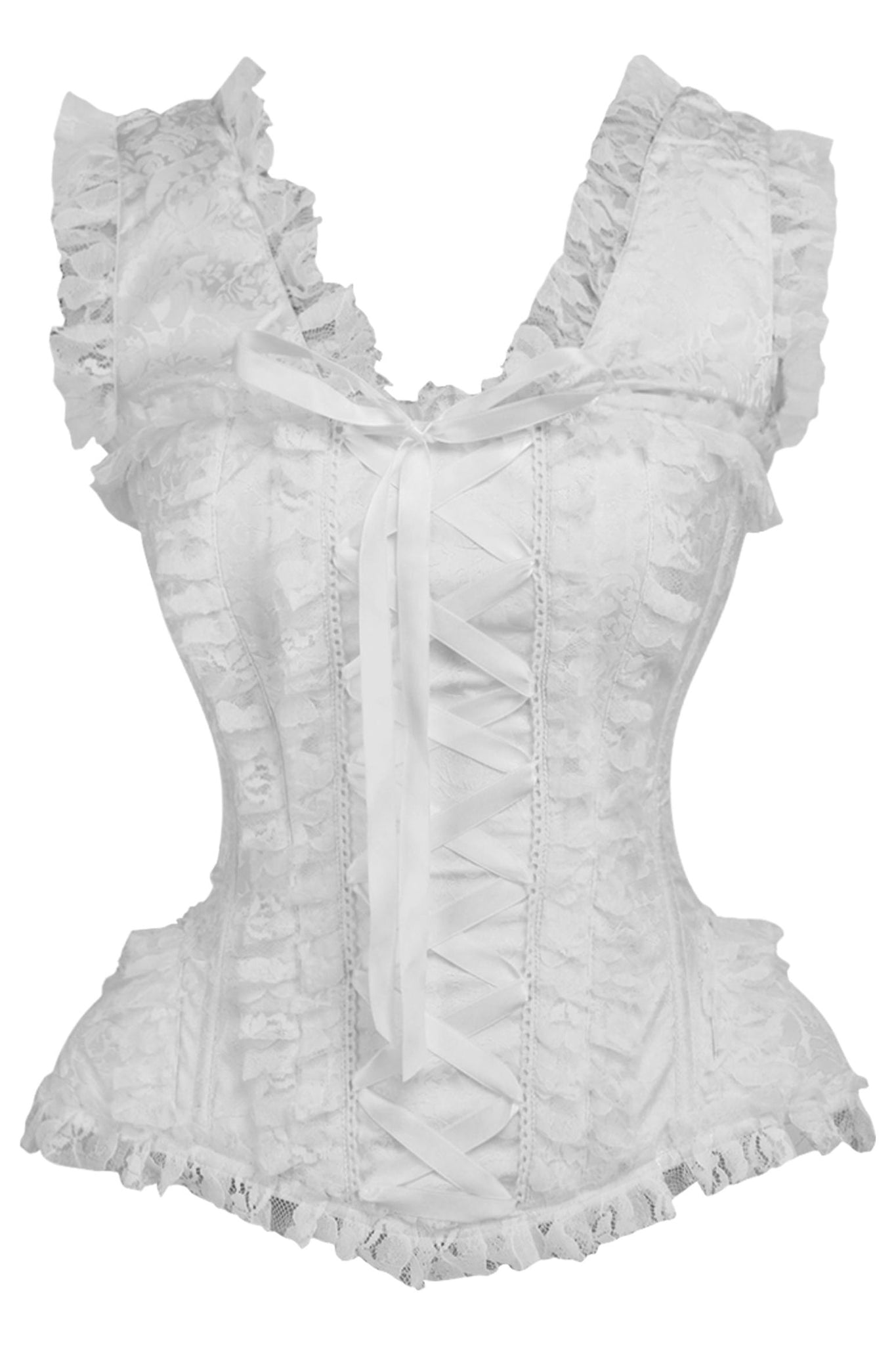 Top Drawer White Brocade & Lace Steel Boned Corset w/Cap Sleeves - Daisy Corsets