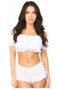 White Lined Lace Short Sleeve Peasant Top