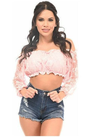 Baby Pink Lined Lace Long Sleeve Peasant Top