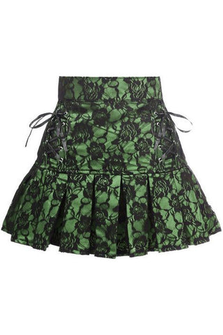 Green Satin w/Black Lace Overlay Lace-Up Skirt