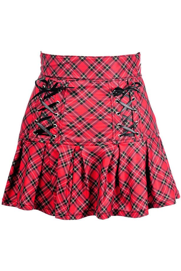 Red Plaid Lace-Up Stretch Lycra Skirt