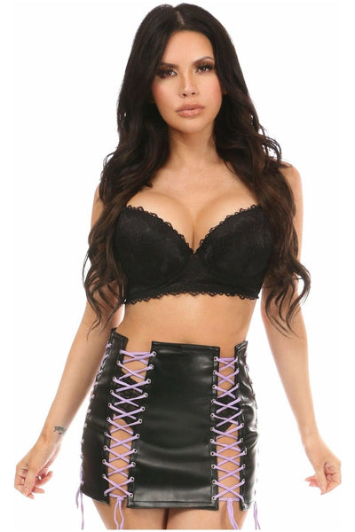 Black Faux Leather Lace-Up Skirt w/Purple Lacing - Daisy Corsets