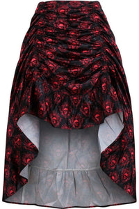 Red & Black Skull Satin Adjustable High Low Skirt - 34" Long