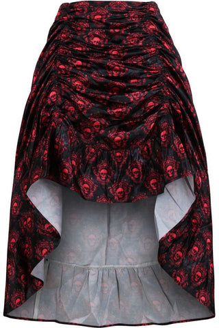 Red & Black Skull Satin Adjustable High Low Skirt